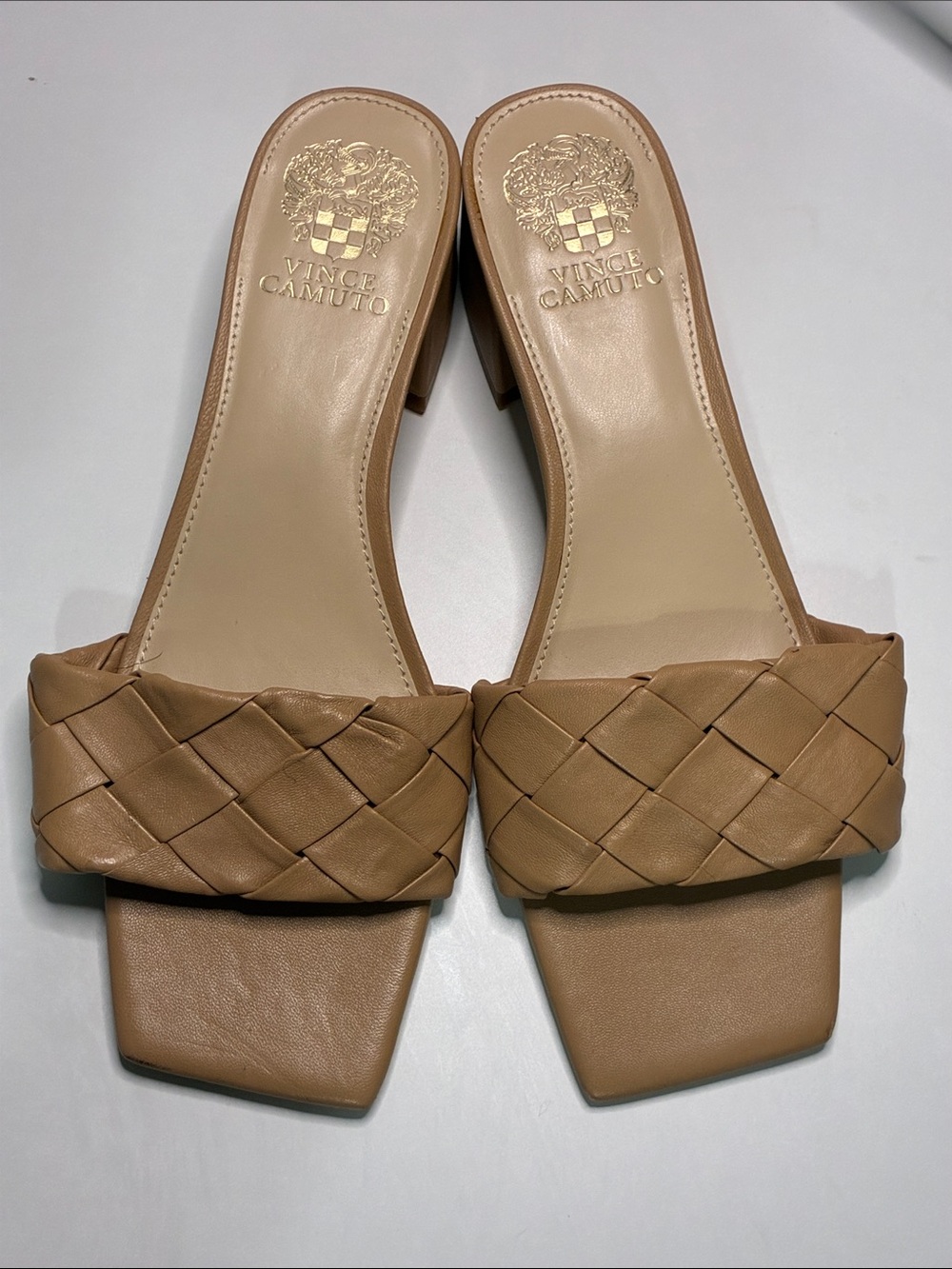 Vince Camuto Woven Tan Leather Slide Mules